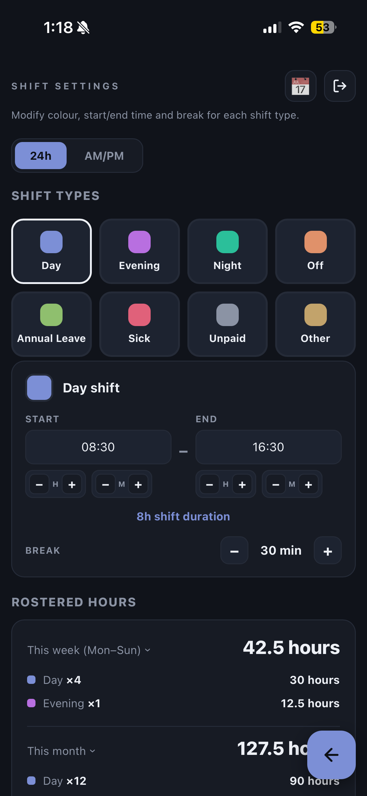 Shift settings with time configuration and rostered hours summary